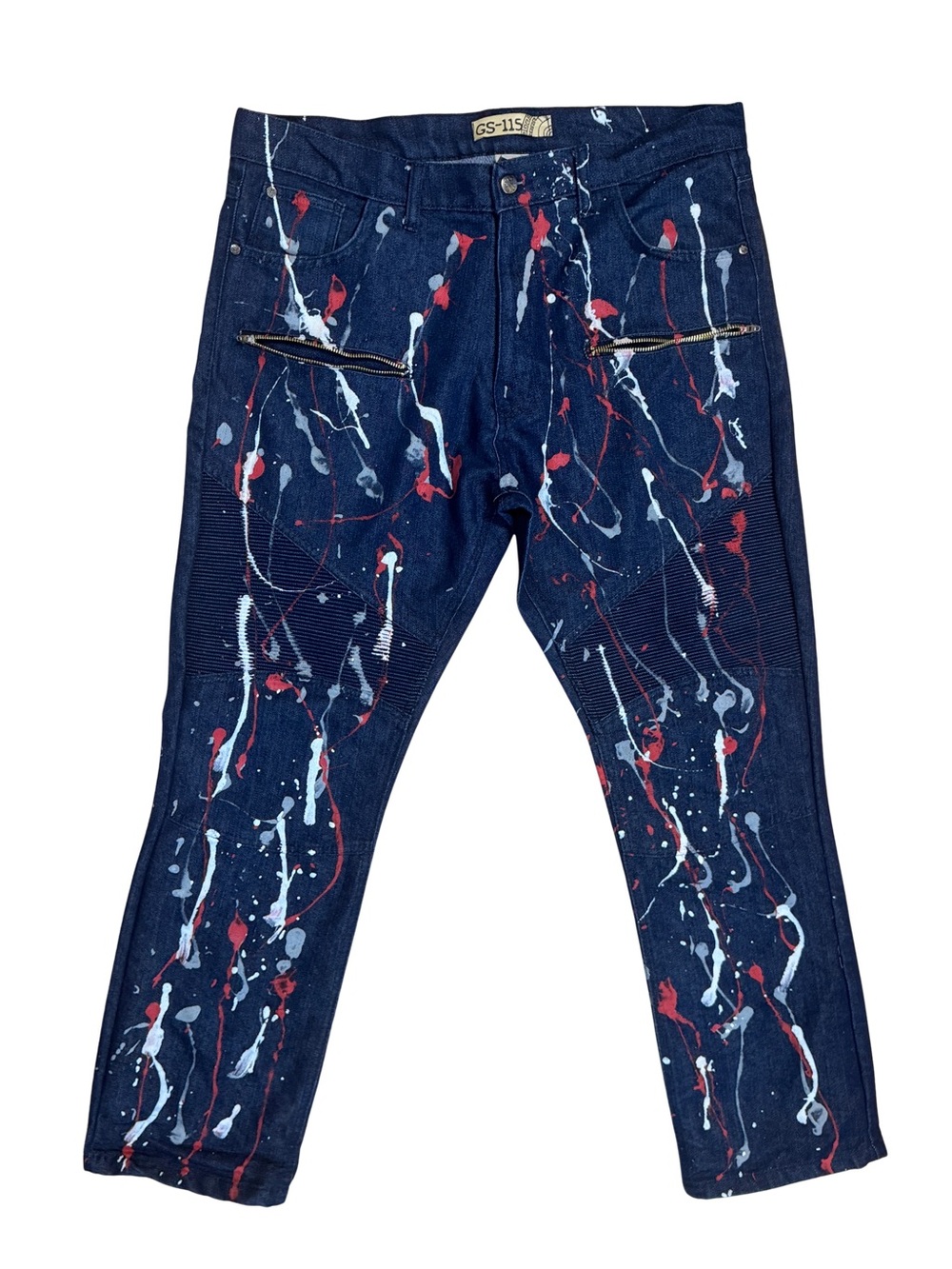 GS-115 Navy Straight Jeans with Red & White Paint Splatter